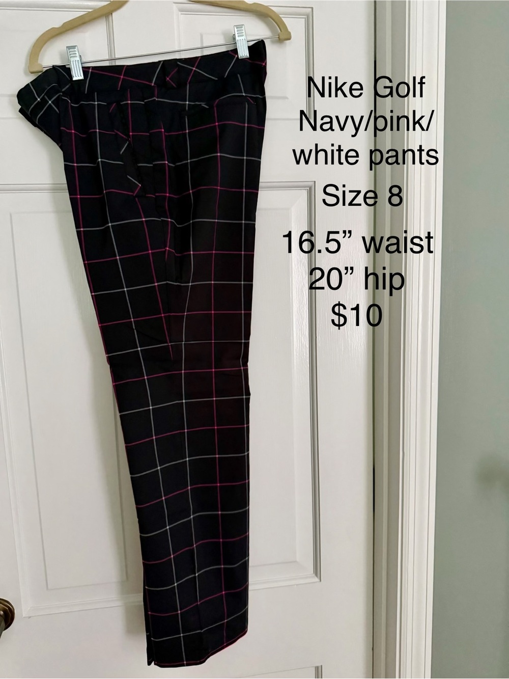 Nike Women’s Navy Windowpane Golf Pants with Pink & White Grid - Size 8